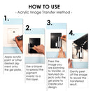 Step-by-step guide on how to use acrylic image transfer method with labeled steps.