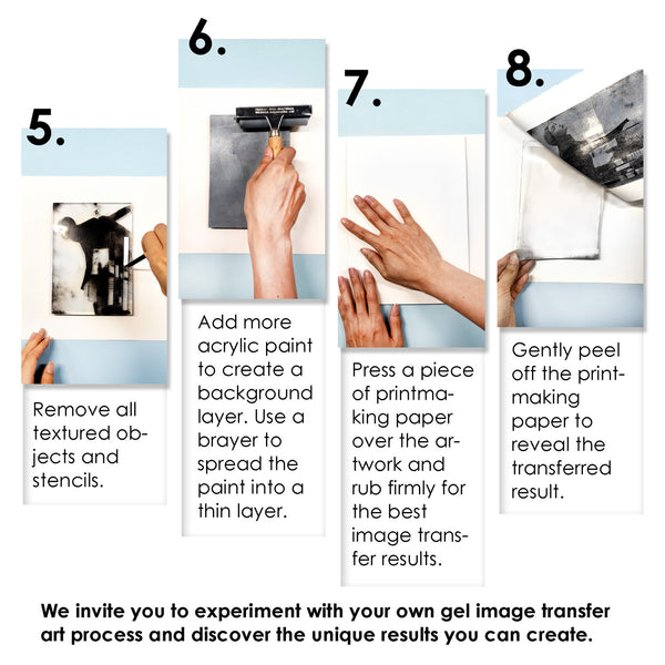 Step-by-step guide to gel image transfer art process with text and images.