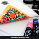 Colorful print on paper with GELEIF acrylic paint tubes in the foreground.