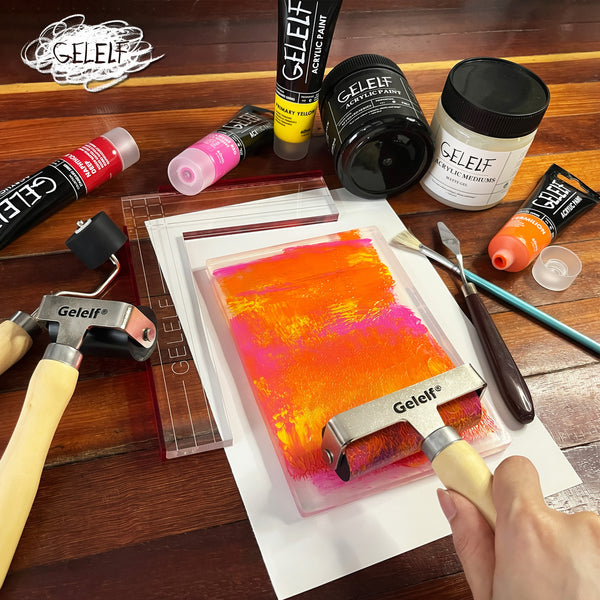 Art supplies including a roller, paint, and tools on a wooden surface with 'GELEIF' branding.