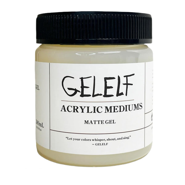 A jar of Gelelf Acrylic Mediums Matte Gel, 300mL, featuring a black ribbed screw cap and a white label with black text, set against a plain white background.