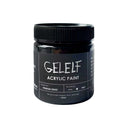 A black plastic jar of Gelelf Acrylic Paint with a black ribbed screw cap, shown against a plain white background.