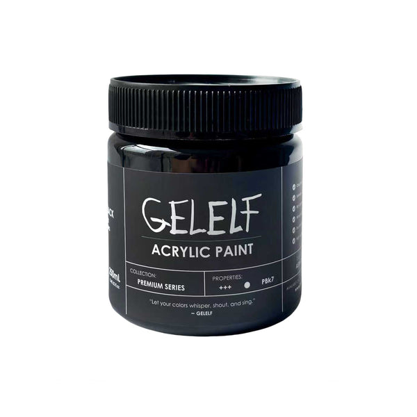 A black plastic jar of Gelelf Acrylic Paint with a black ribbed screw cap, shown against a plain white background.