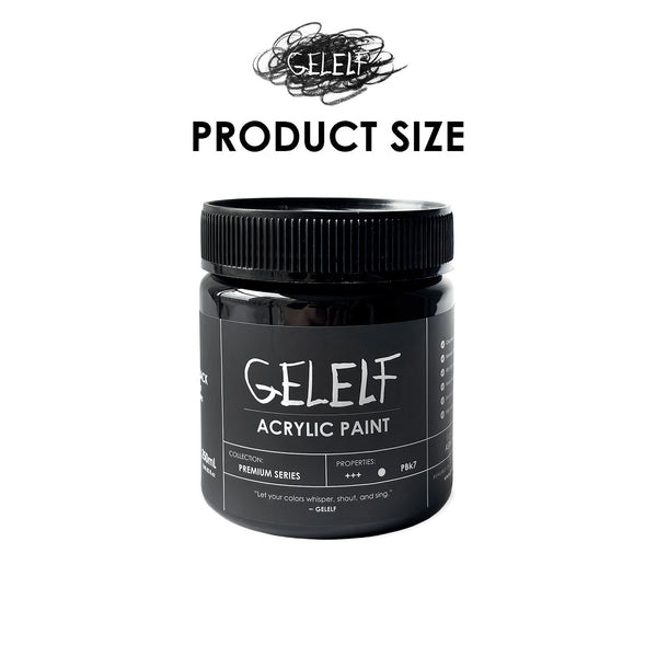 A black jar of GEL ELF GEL-7 acrylic paint on a white background, with 'PRODUCT SIZE' text and the GEL ELF logo above it.