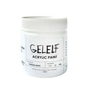 A white plastic jar of GELELF Acrylic Paint, featuring a white label with black text, on a solid white background.