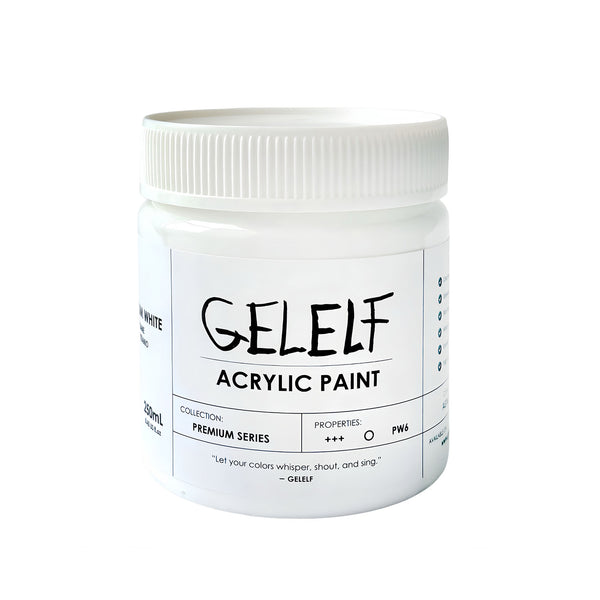 A white plastic jar of GELELF Acrylic Paint, featuring a white label with black text, on a solid white background.