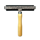Squeegee with wooden handle and metal blade on a white background, branded 'Geleif'.