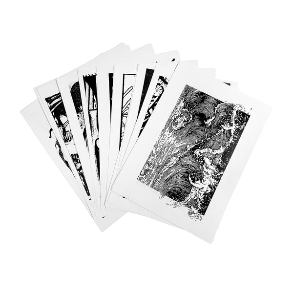 Set of black and white prints featuring nature scenes on a white background