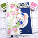 A handmade greeting card featuring a cute white mouse illustration sitting on a chair, surrounded by strawberries and flowers, with the text 'TRUE beauty is felt IN THE heart'. The card is styled with two Gina K.