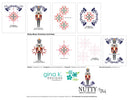 A collage of holiday-themed stamp designs featuring nutcracker illustrations, floral snowflake motifs, and text such as 'Sparkle All The Way,' 'Nutty About Christmas Card Ideas,' and 'Spice It Up The Other Way.' Multiple versions of the same artwork appear in different colors, with branding and website text for Gina K.