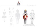 A coloring stencil guide sheet from Nutty Manufacturing showing a nutcracker character with both colored and uncolored versions, plus gray body outline templates on a white background.