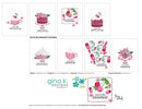 A sheet of printable card design ideas featuring pink cherry-themed illustrations, including layered cakes, iced desserts, and decorative text such as 'you're the sweetest' and 'cherry on top.' The page includes the brand name Gina K.