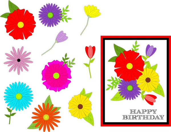 A colorful birthday card design featuring illustrated flowers in red, purple, yellow, pink, blue, orange, and green, with the text 'HAPPY BIRTHDAY' on a white card with a red border.