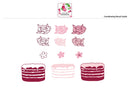 A coordinating stencil guide sheet featuring pink and burgundy floral and cake stencil designs on a white background, with the Sweetest logo at the top.