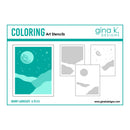 A product listing graphic for Gina K. Designs Coloring Art Stencils, featuring a snowy landscape design.