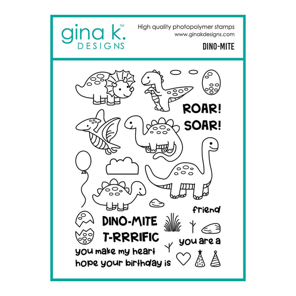 Gina K. Designs 'Dino-Mite' photopolymer stamp set, featuring various black and white dinosaur illustrations and birthday-themed text stamps on a white background with a teal border.