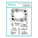Gina K. Designs 'Flowering Frame' photopolymer stamp set, featuring black floral wreath stamps and various celebratory message stamps on a white background with a teal border.