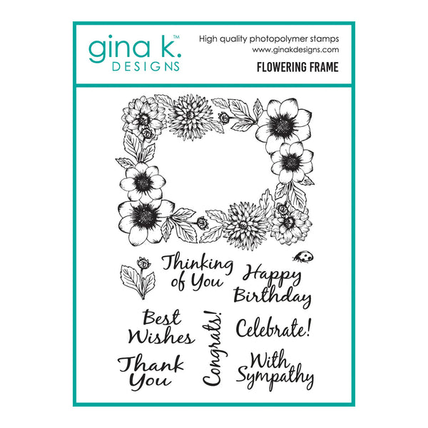 Gina K. Designs 'Flowering Frame' photopolymer stamp set, featuring black floral wreath stamps and various celebratory message stamps on a white background with a teal border.