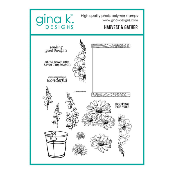 Gina K. Designs 'Harvest & Gather' photopolymer stamp sheet, featuring black and white line art illustrations of flowers, a bucket, and inspirational phrases on a white background with a teal border.