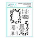 A product sheet for Gina K. Designs photopolymer stamps featuring an 'Ivy Frame' motif with black leafy vines forming a border around a central blank space, plus several black inspirational quote phrases.