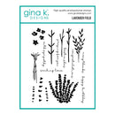 Gina K. Designs 'Lavender Field' photopolymer stamp set, featuring black botanical stamps, words like 'sending love', and decorative text on a white card with a teal border.