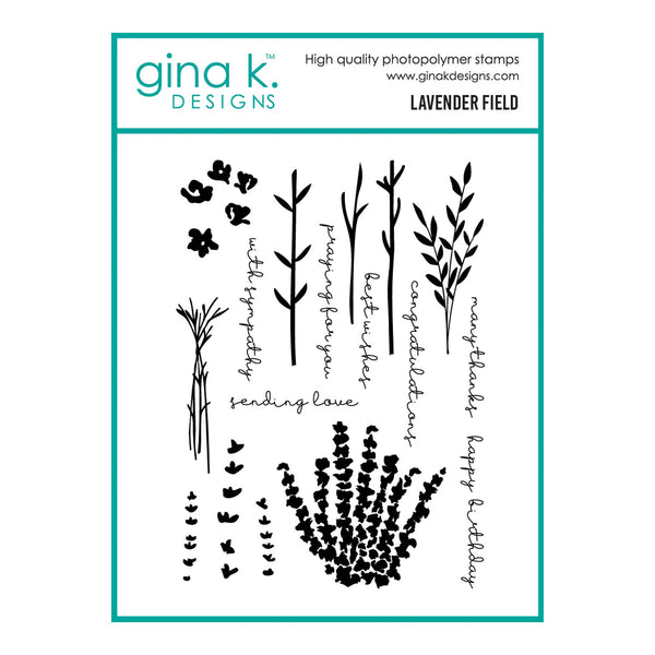 Gina K. Designs 'Lavender Field' photopolymer stamp set, featuring black botanical stamps, words like 'sending love', and decorative text on a white card with a teal border.