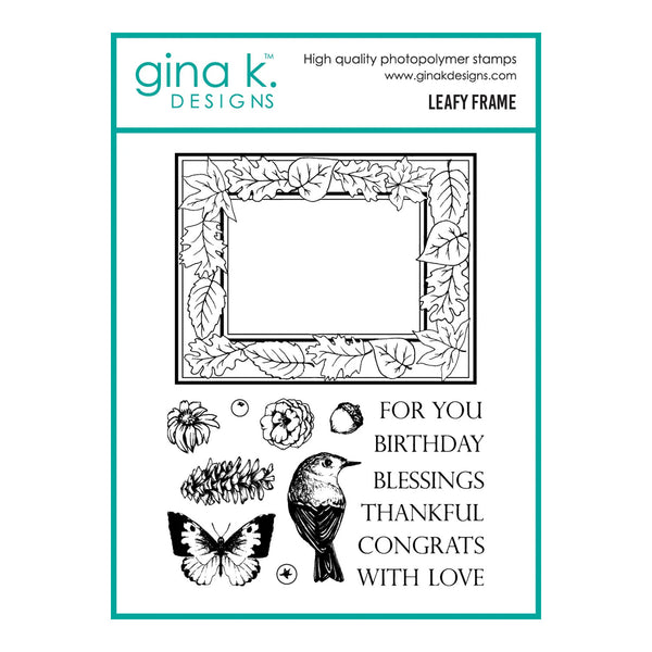 Gina K. Designs 'Leafy Frame' photopolymer stamp set, featuring a clear stamp design with a leafy border frame, flowers, a bird, a butterfly, a pinecone, and celebratory text on a white background with teal branding.