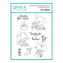 A sheet of Gina K. Designs 'Little Makers' photopolymer stamps, featuring black line art illustrations of a dog sewing, a cat knitting, a mouse crafting, and decorative text on a white background with a teal border.