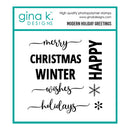 A sheet of Gina K. Designs photopolymer stamps featuring holiday greetings, including 'merry CHRISTMAS WINTER wishes holidays' and 'HAPPY' with snowflake icons, on a white background with a teal border.