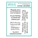 A product graphic for Gina K. Designs photopolymer stamps, showing various thank you, congratulations, and birthday message stamps on a white background with a teal border.