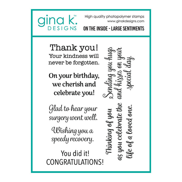 A product graphic for Gina K. Designs photopolymer stamps, showing various thank you, congratulations, and birthday message stamps on a white background with a teal border.