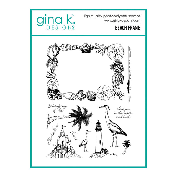 Beach-themed stamp set with lighthouse, palm tree, and heron by gina k. DESIGNS on a white background.