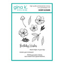 Gina K. Designs Cherry Blossoms photopolymer stamp set, featuring black line-art illustrations of cherry blossom flowers, leaves, and the text 'Birthday Wishes' on a white card with a teal border.
