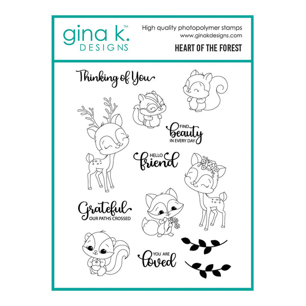 Clear stamps with forest-themed designs and text by Gina K. Designs on a white background.