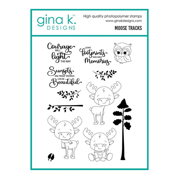 Gina K Designs stamp set with moose and nature-themed stamps on a white background
