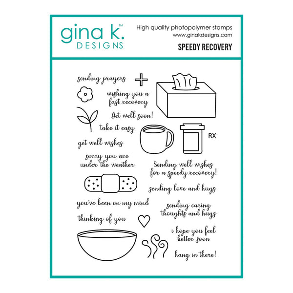Gina K Designs Speedy Recovery stamp set with various illustrations and text on a white background.