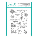 A sheet of Gina K. Designs clear photopolymer stamps with black line-art illustrations and summer-themed phrases, including flowers, a hat, a bicycle, sandals, a bikini, a beach umbrella, a robe, and beach words like 'sunny days,' 'breezy nights,' 'birthday wishes,' and 'celebrating you.