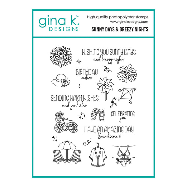 A sheet of Gina K. Designs clear photopolymer stamps with black line-art illustrations and summer-themed phrases, including flowers, a hat, a bicycle, sandals, a bikini, a beach umbrella, a robe, and beach words like 'sunny days,' 'breezy nights,' 'birthday wishes,' and 'celebrating you.