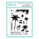 Gina K. Designs Tropical Silhouettes photopolymer stamp set, featuring black tropical palm tree, beach, bird, and people silhouettes with beach-themed phrases on a white card with teal borders.