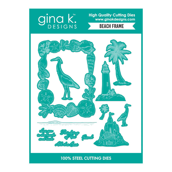 gina k. Designs Beach Frame cutting dies packaging with teal design elements on a white background
