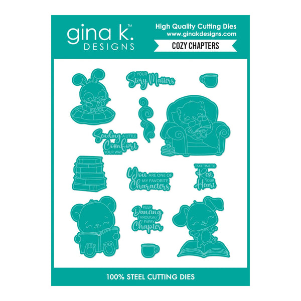 Gina K. Designs Cozy Chapters 100% steel cutting dies package, featuring a sheet of teal-colored die cut shapes and phrases including a mouse in an armchair, books, and cozy home motifs on a white background with a teal header and footer.