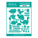 Gina K. Designs Dino-Mite 100% steel cutting dies sheet, featuring various dinosaur and cute accessory outlines in teal on a white background with a teal header card.
