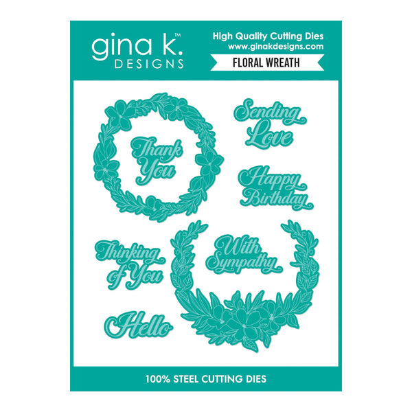 Gina K. Designs 'Floral Wreath' steel cutting dies on a white backing card with teal text and graphics.