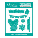 Gina K. Designs 100% steel cutting dies package featuring a teal mouse, snowflakes, lights, and holiday phrases on a white card with teal borders.