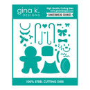 Gina K. Designs gingerbread cookie cutting dies set in teal on a white backing card, featuring various cookie shapes, candy canes, bows, holly, and a gingerbread figure.