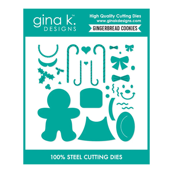 Gina K. Designs gingerbread cookie cutting dies set in teal on a white backing card, featuring various cookie shapes, candy canes, bows, holly, and a gingerbread figure.