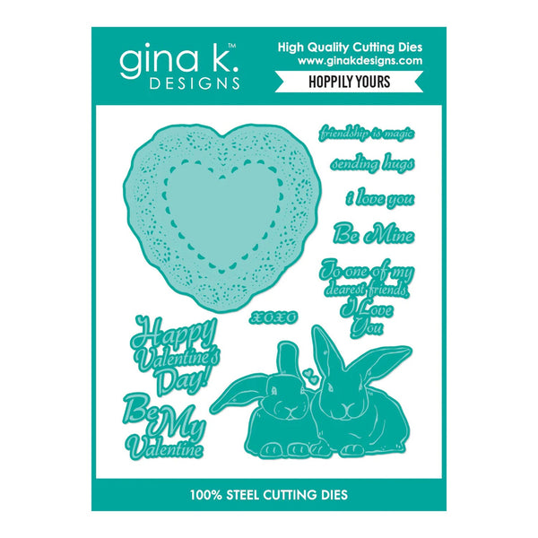 gina k. Designs cutting die set with heart shape, rabbits, and text on a teal background