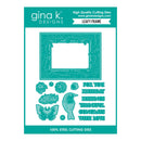 Gina K. Designs leafy frame steel cutting dies package, featuring a teal and white card with a large leafy frame preview, smaller floral and bird cutout previews, and text reading 'High Quality Cutting Dies' and '100% Steel Cutting Dies'.