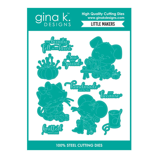 Gina K. Designs Little Makers 100% steel cutting dies package, featuring teal-colored die cutout illustrations of a mouse, pumpkin, cat, and phrases on a white card with teal header and footer.