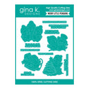 Gina K. Designs Merry Little Penguins 100% steel cutting dies package, featuring five different penguin-themed die cuts and matching text phrases in teal on a white card with a teal header and footer.